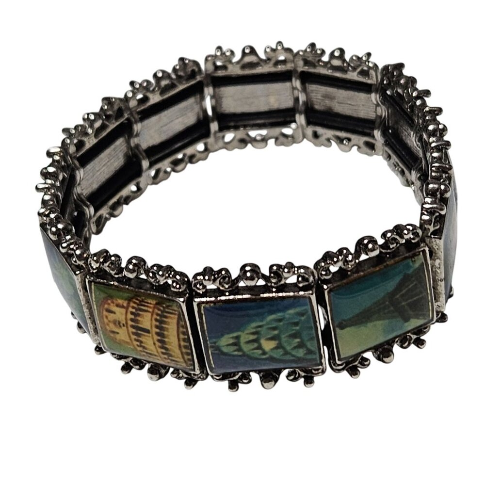 Vintage Silver Tone Elastic Bracelet Colorful American Postcard Inspired Tiles